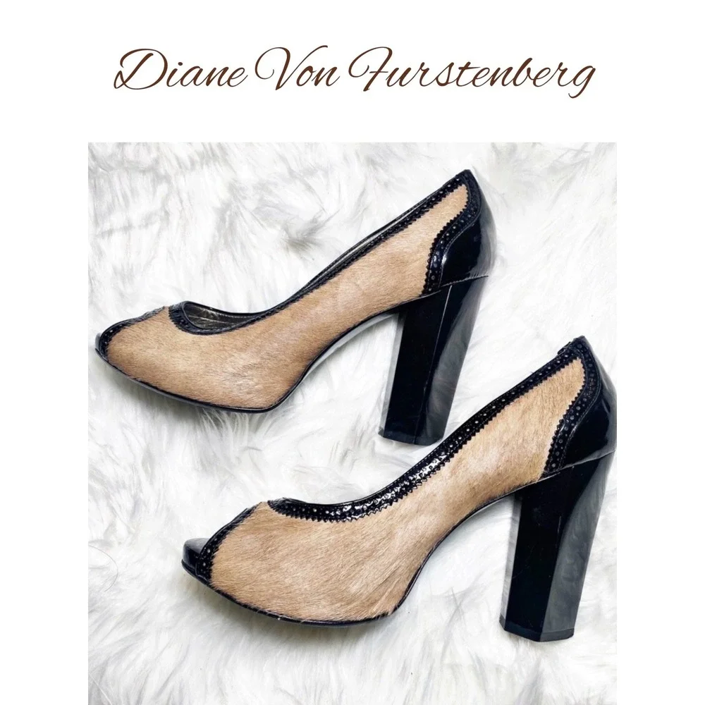 DVF Diane von Furstenberg Calf Hair‎ Block Heel Pumps Camel Black Peep Toe, 7.5